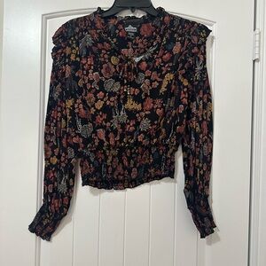 Angie Black Floral Smocked Waist Tie-Neck Blouse
